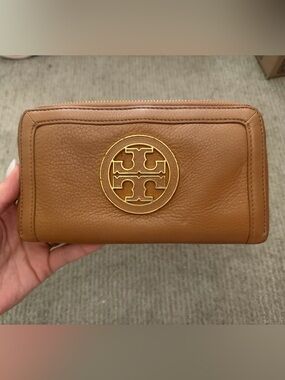 Tory Burch Cognac Leather Zip-Around Wallet with Gold Emblem